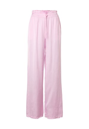 Light pink wide-leg pants with elastic gathered waistband and a drawstring tie at the front, made of soft, flowy fabric.