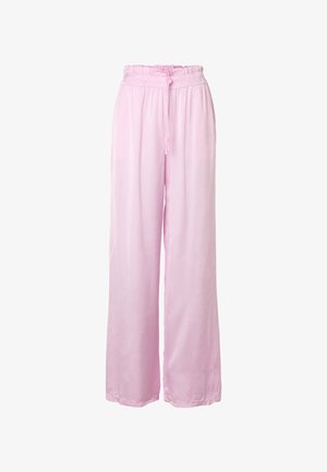 Light pink wide-leg pants with elastic gathered waistband and a drawstring tie at the front, made of soft, flowy fabric.