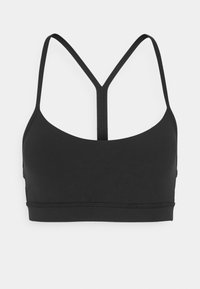 Zwarte sportbralette met dunne, verstelbare bandjes. Heeft een V-hals ontwerp en een naadloze band voor ondersteuning. Gemaakt van elastische, rekbare stof.