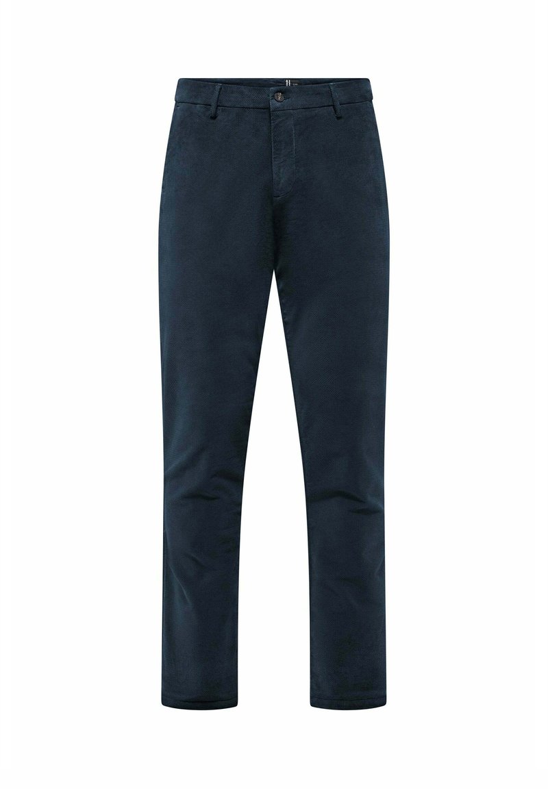 Navyblauwe broeken van zacht katoen, met een slim fit, rechte pijpen en subtiele textuur, voorzien van een standaard tailleband en knoopsluiting.