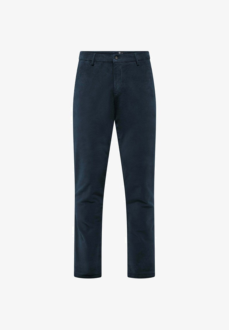 Navyblauwe broeken van zacht katoen, met een slim fit, rechte pijpen en subtiele textuur, voorzien van een standaard tailleband en knoopsluiting.