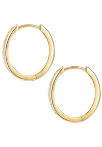 Guldtonade hoopörhängen med en slät yta och små klara kristaller längs en kant, med en rundad form och säker låsning.