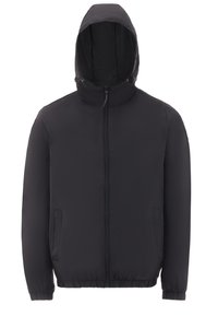 Juoda gobtuvu striukė, pagaminta iš lygaus, lengvo audinio; turi priekinį užtrauktuką, elastinius rankogalius ir šonines kišenes.