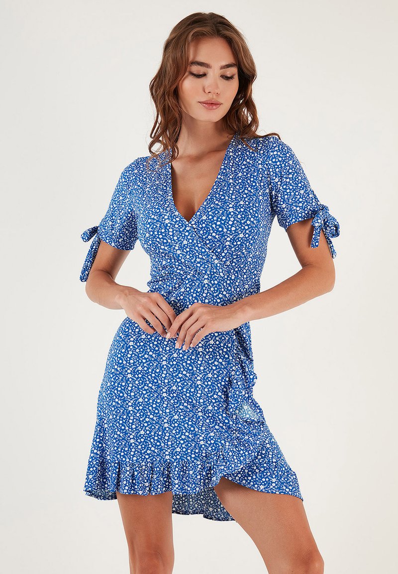 LELA FLORAL V NECK RUFFLE DETAIL MINI  - Dienas kleita - royal blue