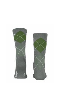 Graue Socken mit einem Rautenmuster in verschiedenen Grüntönen und weißen Akzenten. Aus strukturiertem Stoff gefertigt, der für Komfort sorgt.