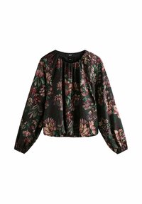 Zwarte blouselange mouwen met elastische manchetten en halslijn, met een losse pasvorm en een subtiel bloemmotief in roze, groen en beige tinten.