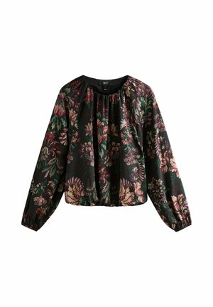 Zwarte blouselange mouwen met elastische manchetten en halslijn, met een losse pasvorm en een subtiel bloemmotief in roze, groen en beige tinten.