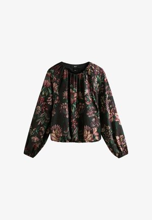 Blusa nera a maniche lunghe con polsini e scollatura elasticizzati, caratterizzata da una vestibilità ampia e un motivo floreale tenue nei toni del rosa, verde e beige.