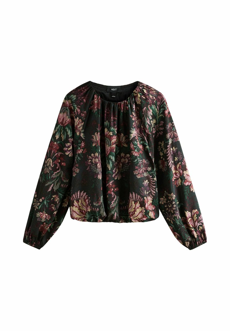 Zwarte blouselange mouwen met elastische manchetten en halslijn, met een losse pasvorm en een subtiel bloemmotief in roze, groen en beige tinten.