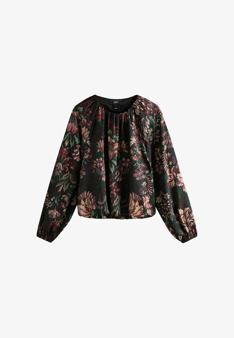 Blusa nera a maniche lunghe con polsini e scollatura elasticizzati, caratterizzata da una vestibilità ampia e un motivo floreale tenue nei toni del rosa, verde e beige.