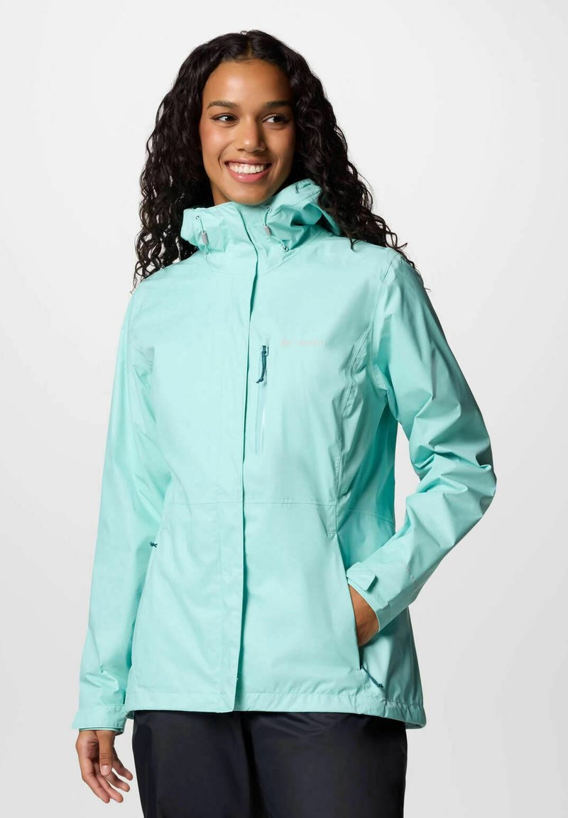 Giacca impermeabile turchese chiaro con colletto alto, cappuccio regolabile e tasche con zip frontali; presenta maniche lunghe e una vestibilità comoda.