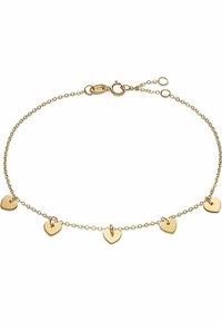 Guldkedja armband med fem små hjärtformade berlocker jämnt fördelade, med en kräftklämma för säker stängning.