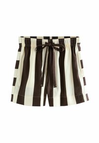 Shorts rayés marron et crème avec une taille élastique, un lien ajustable et un tissu léger. Des détails de couture au niveau de l'ourlet sont visibles.