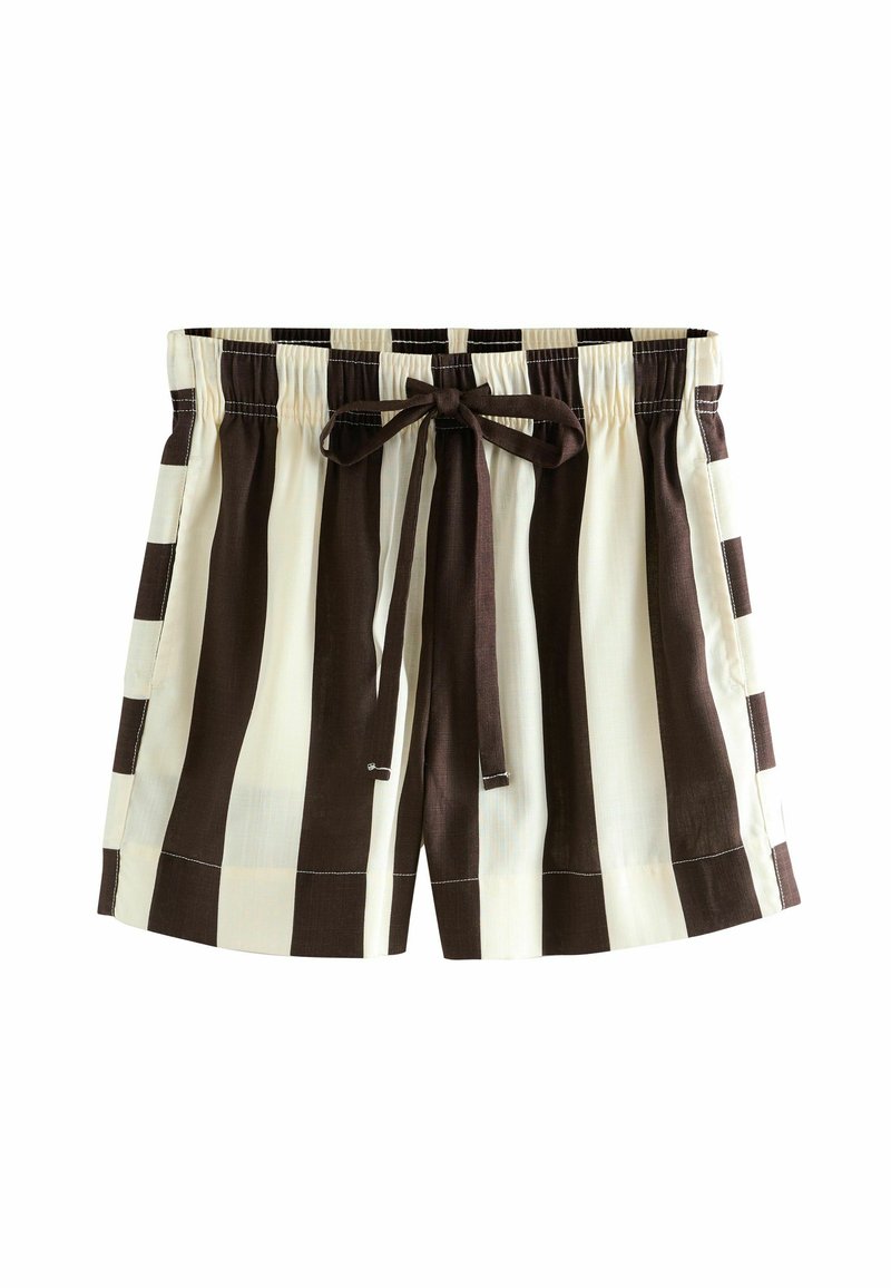 Shorts rayés marron et crème avec une taille élastique, un lien ajustable et un tissu léger. Des détails de couture au niveau de l'ourlet sont visibles.