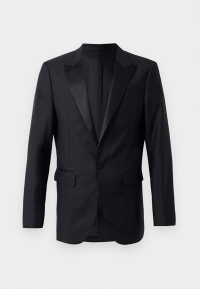 Schwarze Tuxedo-Jacke mit einem Knopf und satinierter Spitzenklappe sowie Klappentaschen, frontal gegen einen neutralen Hintergrund präsentiert.