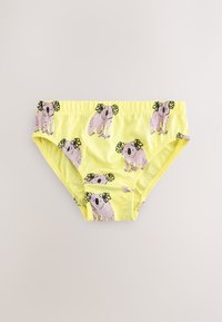 Geltoni medvilniniai apatiniai su pasikartojančiu animacinių koalų ir gėlių raštu, elastine liemene ir minkšta tekstūra.