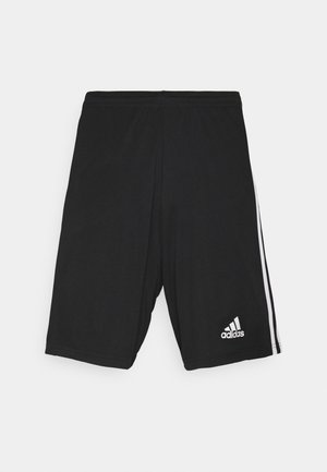 Black athletic shorts with a smooth texture, featuring white side stripes and a white logo on the lower right. Adjustable waistband.