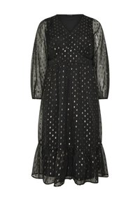 Musta mekko, jossa on V-pääntie, läpikuultavat pitkät hihat ja kerroksellinen helma. Koristeltu metallinhohtoisilla suorakulmaismalleilla kauttaaltaan.