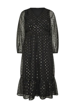 Schwarzes Kleid mit V-Ausschnitt, durchsichtigen langen Ärmeln und einem gestuften Saum. Verziert mit metallic Rechteckmustern überall.