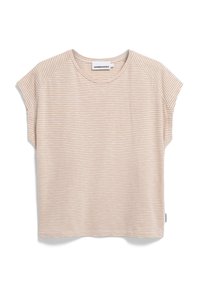 Paski krótki rękaw top w odcieniach beżu i kremu, z okrągłym dekoltem i luźnym krojem oraz rękawami raglanowymi. Miękki, lekki materiał.