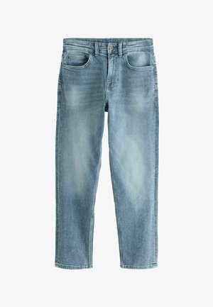 Světlé modré úzké džíny z denimu s předními knoflíky, zipem a pětikapsovým designem na bílém pozadí.