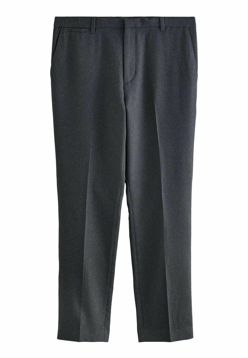 Dunkelgraue Hose aus strukturierter Baumwolle in geradem Schnitt mit zwei seitlichen Taschen sowie einem dezenten Fischgrätenmuster.