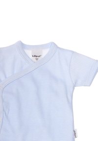 Light blue baby onesie with white stripes, short sleeves, and a wrap design. Features snap closures and a tag with "Liliput" logo.