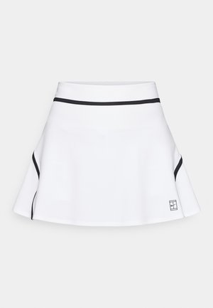 Fehér szoknyanadrág sima anyagból, fekete derékpánttal és oldalsó díszítésekkel. Bővülő fazon, jobb alsó sarokban logóval.