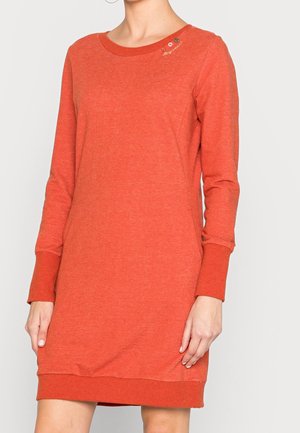 Langärmliges, oranges Sweatshirtkleid mit rundem Ausschnitt. Verfügt über bestickte Akzente sowie gerippte Bündchen und Saum. Weiche, lässige Stoffqualität.