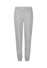 Lys grå, slim-fit sweatpants med elastisk talje og manchetter, lavet af blødt, meleret stof, vist mod en hvid baggrund.