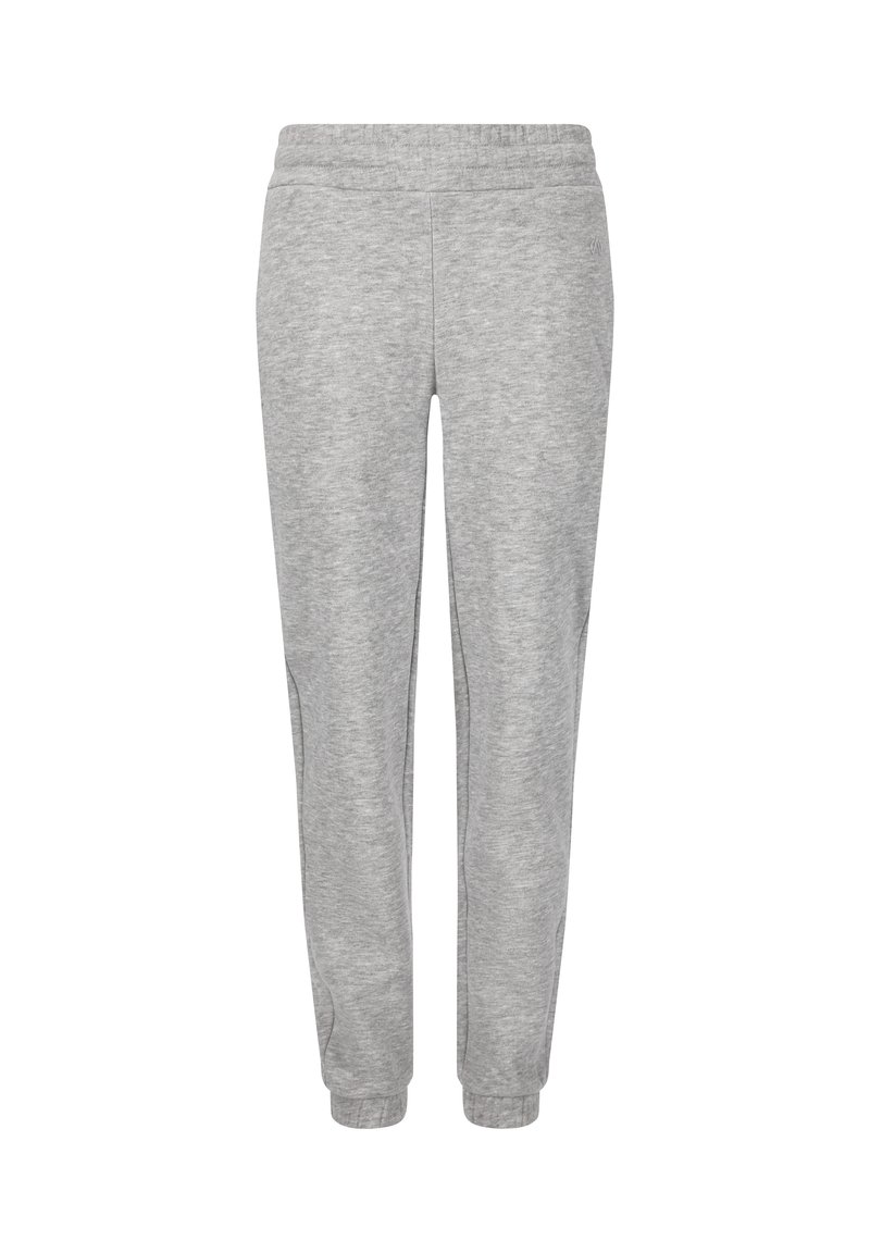 Lys grå, slim-fit sweatpants med elastisk talje og manchetter, lavet af blødt, meleret stof, vist mod en hvid baggrund.