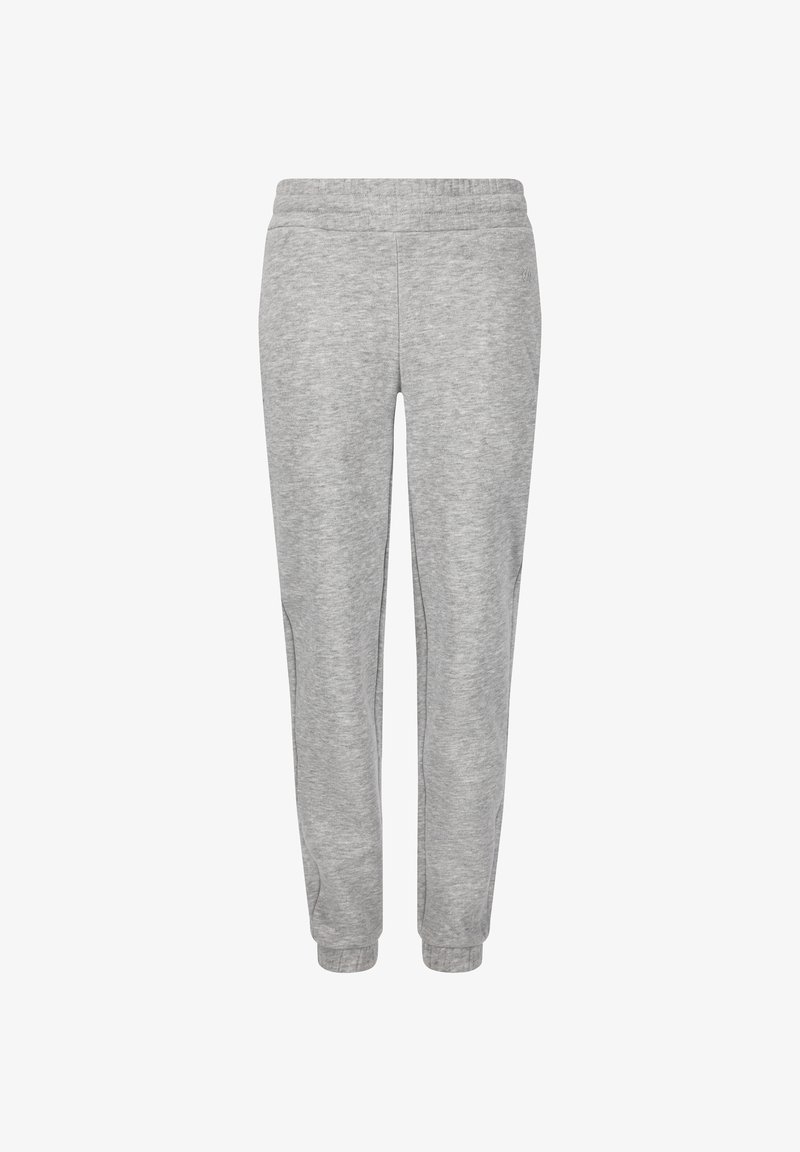 Lys grå, slim-fit sweatpants med elastisk talje og manchetter, lavet af blødt, meleret stof, vist mod en hvid baggrund.