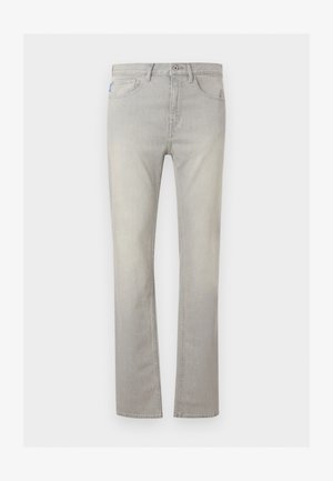 Lysegrå jeans med rette ben, fem lommer, knappelukking og beltehemper, vist mot en ensfarget bakgrunn.