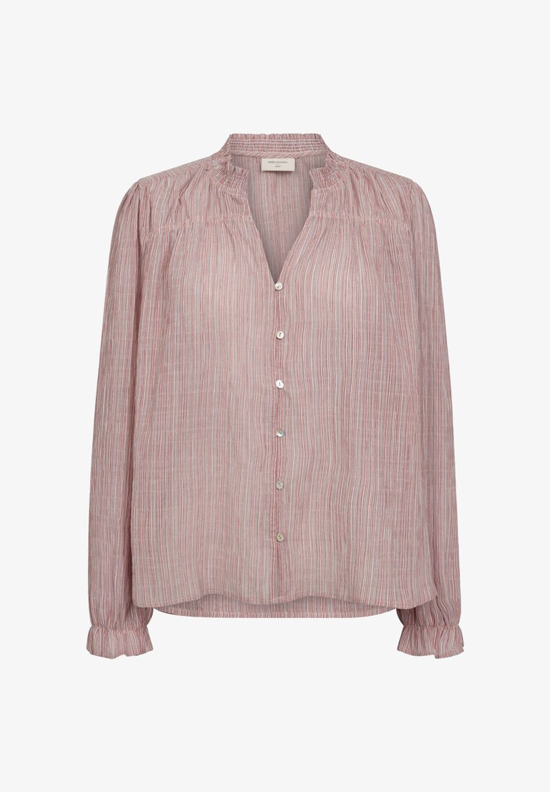 Lange mouwen, knoopsluiting overhemd van lichtgewicht, gestreepte stof in rode en witte tinten. Heeft een gerimpelde halslijn en elastische manchetten.