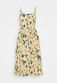 Vestido midi floral en amarillo, con patrones en verde, rosa y blanco. Tirantes finos, cierre de botones en la parte delantera y falda fruncida para un ajuste relajado.