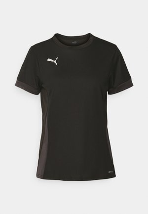 T-shirt de sport noir avec col rond, manches courtes et accents en mesh respirant, arborant un logo Puma blanc sur la poitrine gauche.