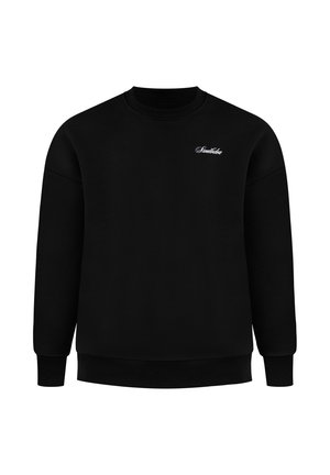 Schwarzer Crewneck-Sweatshirt mit langen Ärmeln, gerippten Bündchen und Saum, mit kleinem weißem Script-Logo auf der linken Brust mit der Aufschrift "Smallden".