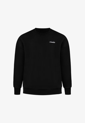 Schwarzer Crewneck-Sweatshirt mit langen Ärmeln, gerippten Bündchen und Saum, mit kleinem weißem Script-Logo auf der linken Brust mit der Aufschrift "Smallden".