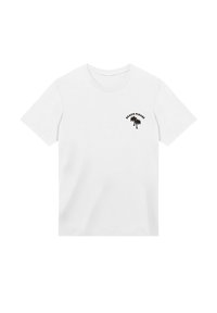 Weißes Baumwoll-T-Shirt mit rundem Hals und kurzen Ärmeln. Der Frontdruck in Schwarz zeigt den Schriftzug "Beach Please" über einer Grafik einer Palme.