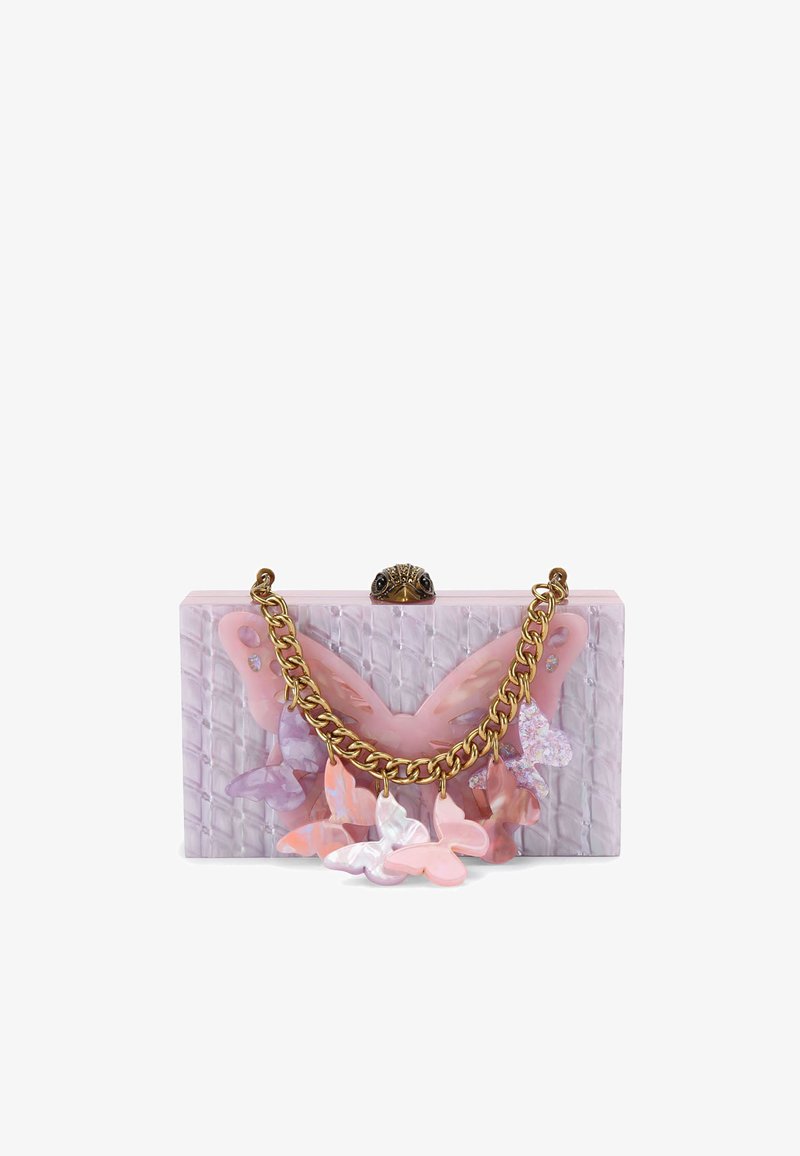 Rectangular lavender clutch with embossed texture, gold chain strap, and pink, purple butterfly embellishments on front.