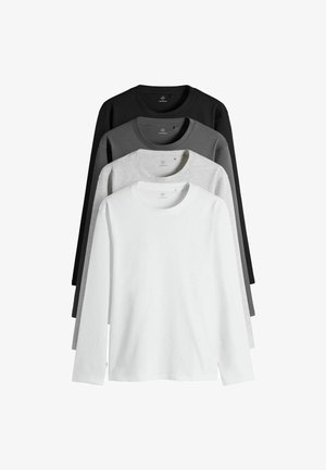 Fire almindelige langærmede t-shirts med rund hals i hvid, lys grå, mørk grå og sort, stablet lodret på en hvid baggrund.