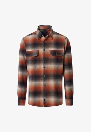Langarm-Hemd mit orange-schwarz-beigem Karomuster, ausgestattet mit zwei knopfbaren Brusttaschen vorne.