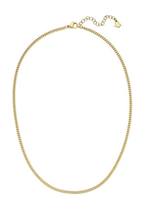 Feine goldene Halskette mit Karabinerverschluss und verstellbarem Verlängerungskettchen mit kleinem pfeilförmigem Anhänger.