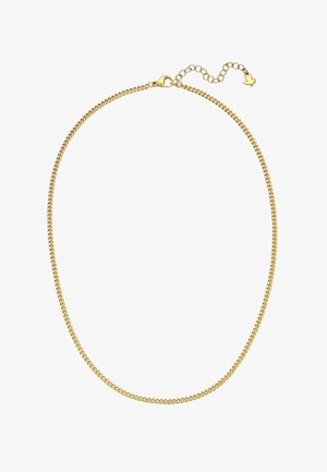 Feine goldene Halskette mit Karabinerverschluss und verstellbarem Verlängerungskettchen mit kleinem pfeilförmigem Anhänger.