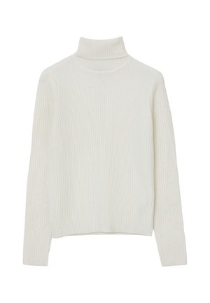 Maglione a collo alto a coste crema con maniche lunghe, realizzato in tessuto a maglia morbida. Presenta una silhouette aderente e un design a collo alto.