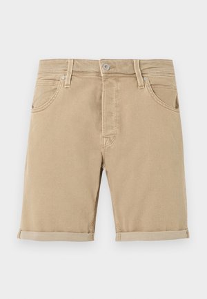 Béžové bavlnené šortky s vyhrnutými manžetami, predným zapínaním na gombík a zipsom, pútkami na opasok a bočnými a mincovými vreckami.