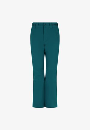 Teal, leichte Outdoor-Hosen mit geradem Schnitt. Sie verfügen über einen Knopfverschluss, Gürtelschlaufen und seitliche Reißverschlusstaschen. Glatte Textur.