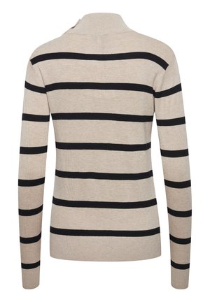 Beige pletený svetr s černými horizontálními pruhy, s vysokým límcem a dlouhými rukávy. Měkká textura a přiléhavý design.