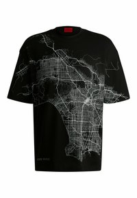Black cotton T-shirt featuring a white map graphic on the front, with short sleeves and a relaxed fit. Red logo label at the neckline.