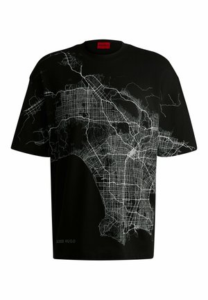 Black cotton T-shirt featuring a white map graphic on the front, with short sleeves and a relaxed fit. Red logo label at the neckline.